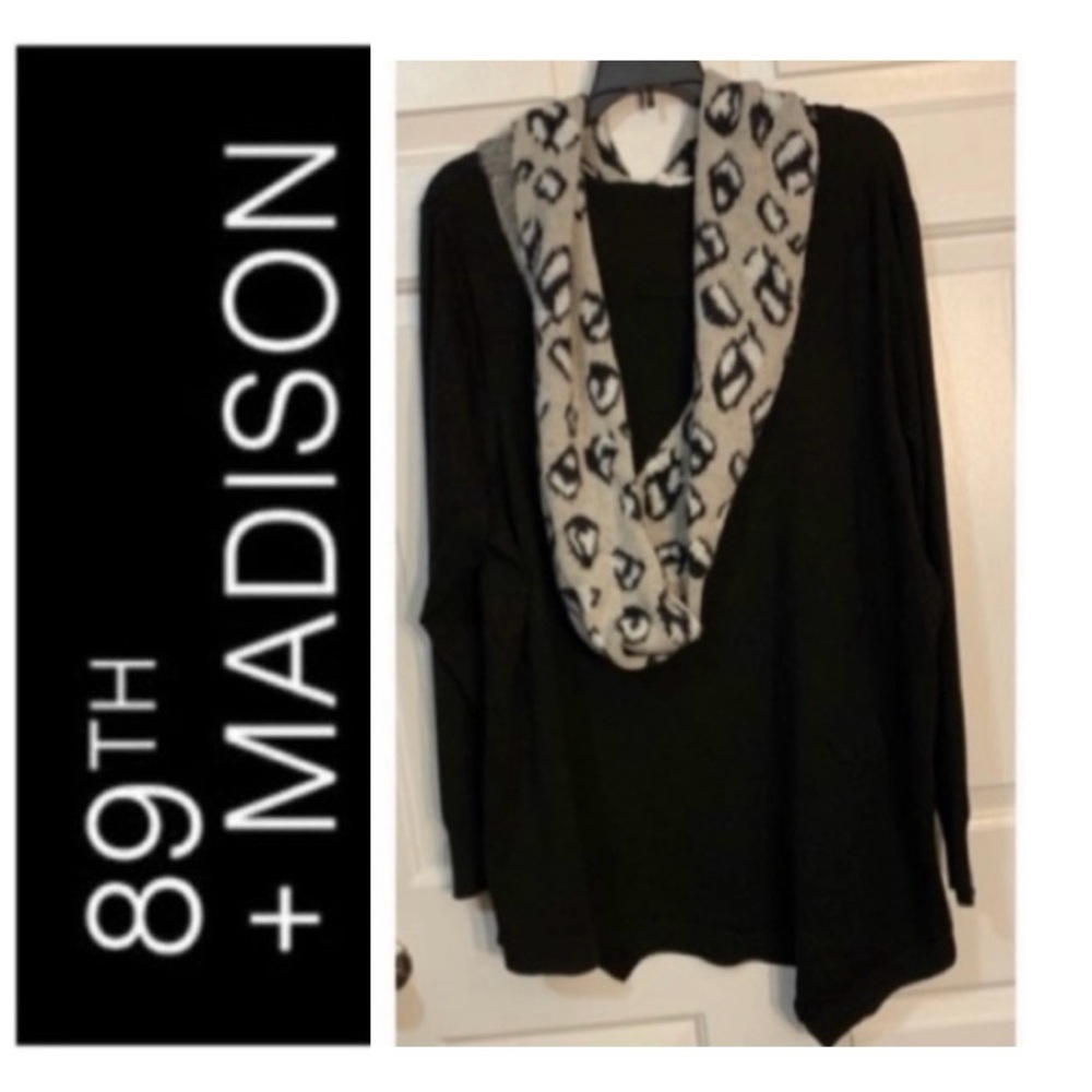 💛 🍀 89th + MADISON Black Asymmetric Hem Sweater with Matching Geo Scarf NWT 1X